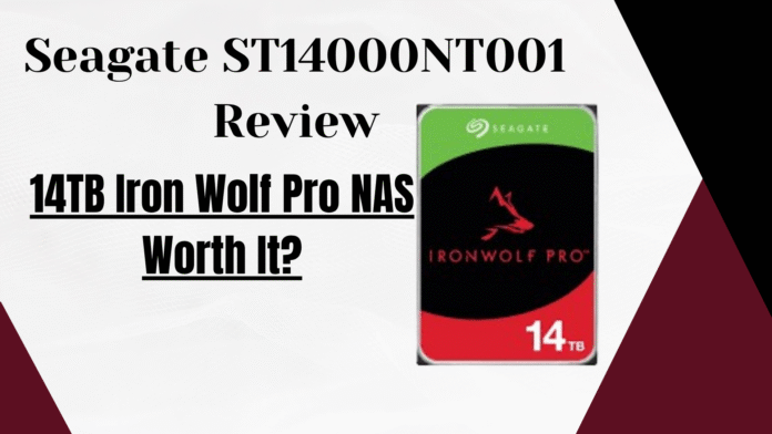 Seagate ST14000NT001 14TB IronWolf Pro NAS hard drive placed on a desk beside a NAS enclosure, product review image