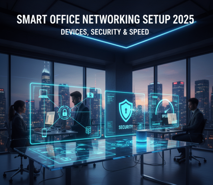 Modern smart office network setup in 2025 showing connected devices, Wi-Fi routers, IoT sensors, and secure cloud systems managed by Jazz Cyber Shield.