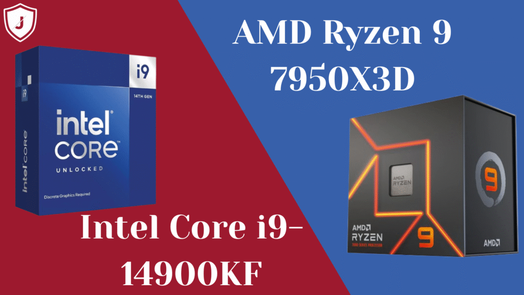 Technical specifications comparison of AMD Ryzen 9 7950X3D and Intel Core i9-14900KF processors with 2025 performance details.