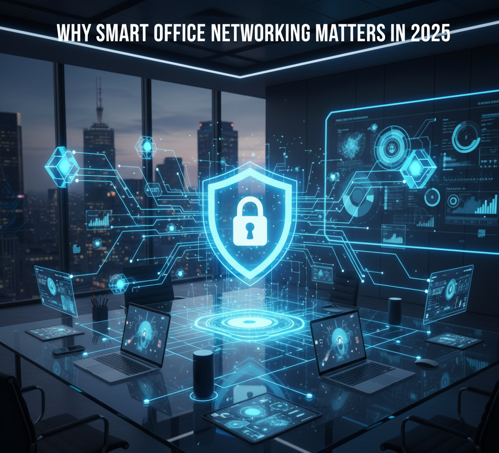 Modern smart office with connected devices and secure network infrastructure showing why smart office networking matters in 2025.