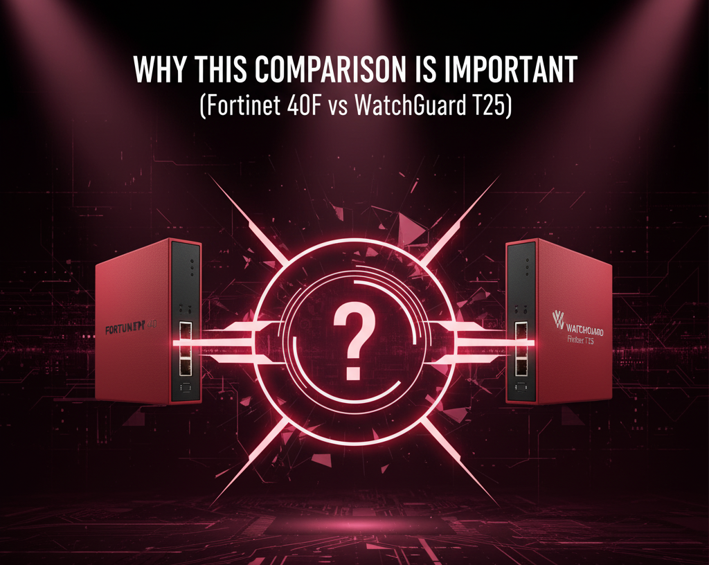 Illustration showing Fortinet 40F and WatchGuard Firebox T25 firewalls compared for network security performance and value in 2025