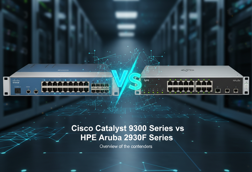 Illustration of Cisco C9300 and HPE Aruba 2930F enterprise switches in a data center, showing why performance comparison matters in 2025.