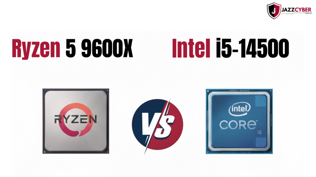 Side-by-side view of Ryzen 5 9600X and Intel i5-14500 highlighting cores, threads, and specs for 2025 budget CPUs.
