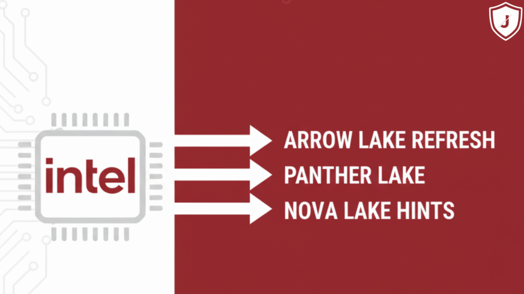 Intel Panther Lake, Arrow Lake refresh, and Nova Lake next-gen CPU lineup concept for 2026 with futuristic processor design.