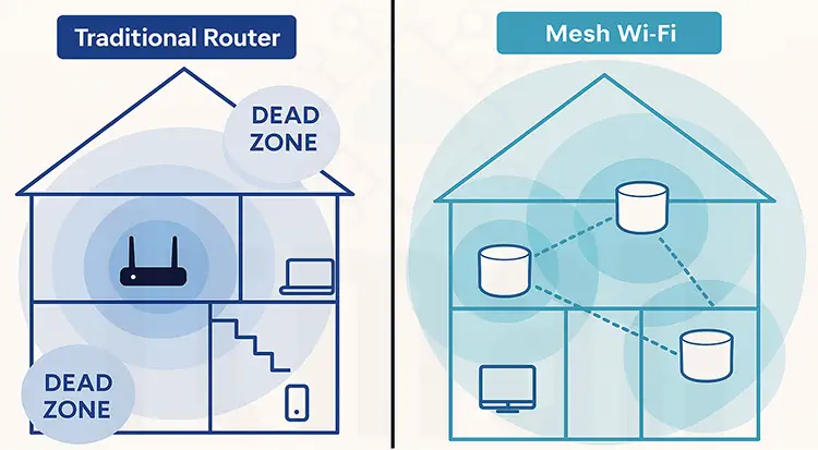 Comparison of traditional router and mesh WiFi system showing how mesh improves coverage in a small business office