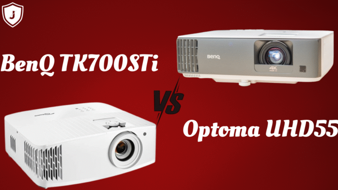 Side-by-side comparison of Optoma UHD55 and BenQ TK700STi 4K gaming projectors showing brightness, input lag, and short throw advantages for gamers in 2025.
