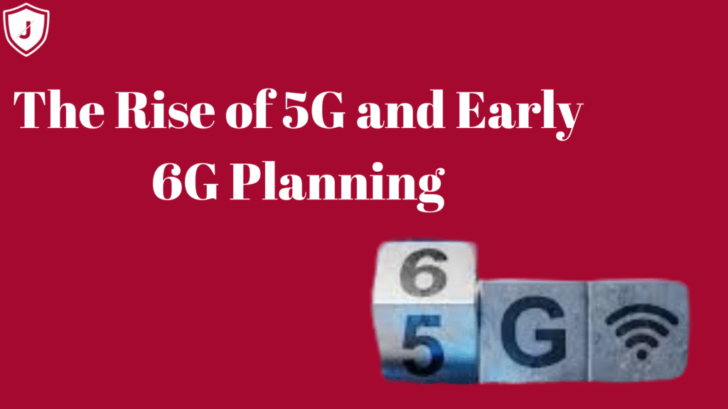 Graphic showing 5G towers, connected devices, and early 6G network planning for future IoT growth in 2026.