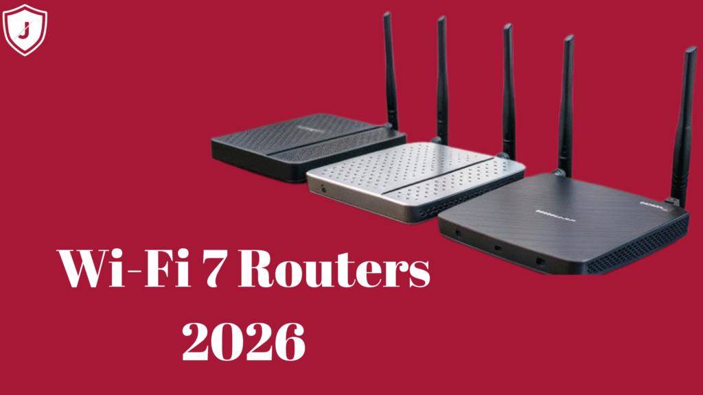 Wi-Fi 7 router showing key 2026 features such as tri-band support, faster speeds, and improved stability for small businesses.
