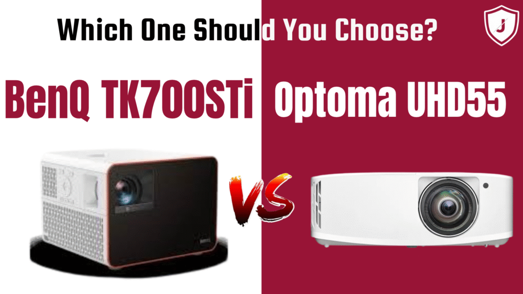 Side-by-side decision guide showing Optoma UHD55 and BenQ TK700STi projectors with gaming setup backgrounds, illustrating which 4K model is best for gamers in 2025 based on input lag, throw distance, and brightness.