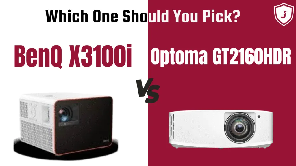 Side-by-side choice between BenQ X3100i and Optoma GT2160HDR short-throw gaming projectors with gamer choosing setup.