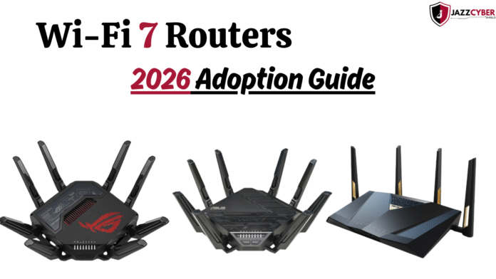 Illustration of a Wi-Fi 7 router in a small business office showing fast and secure wireless connectivity for early 2026 upgrades.