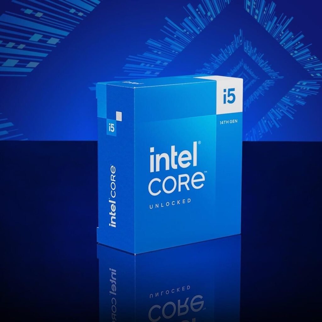 Intel Core i5-14600K CPU placed on a motherboard showing its cores, clock speed, and DDR5 support for high gaming performance in 2025.