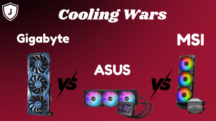 Comparison of MSI, ASUS, and Gigabyte GPU cooling systems showing heatsinks, fans, and thermal designs for 2025 graphics cards.