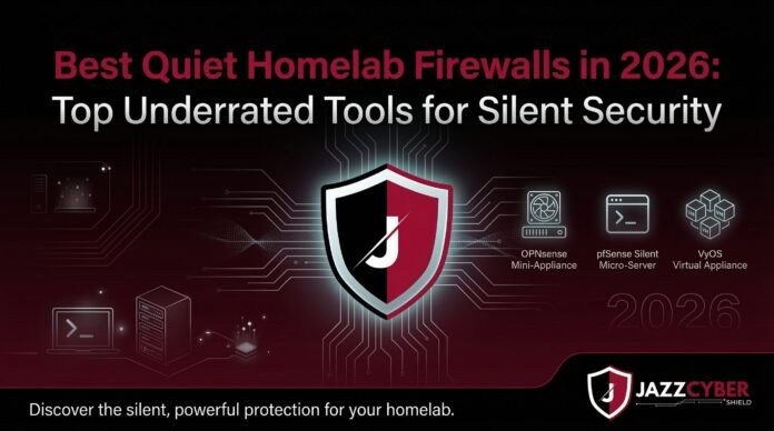 Best quiet homelab firewall tools in 2026 including OPNsense, pfSense, and VyOS displayed with Jazz Cyber Shield branding