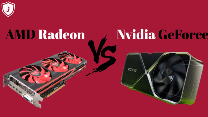 A comparison between Nvidia GeForce and AMD Radeon graphics cards explaining key differences in performance, features, and price.
