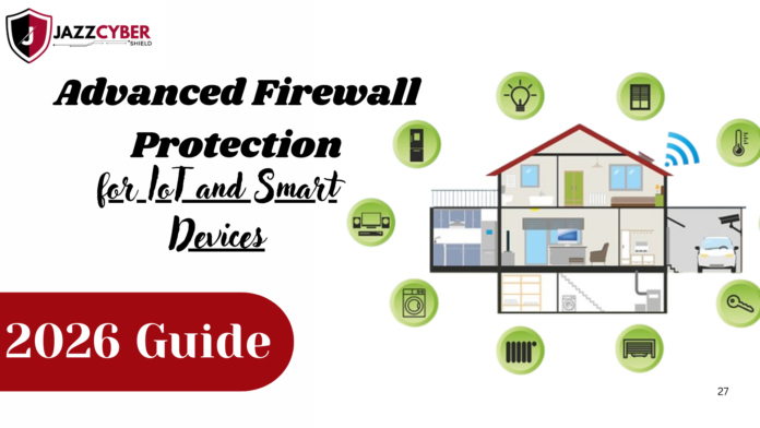 IoT and smart device security illustration showing firewall protection against cyber threats in 2026