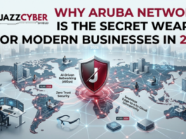 A high-performance server rack showcasing the Aruba Networks Secret Weapon for AI-native enterprise connectivity.