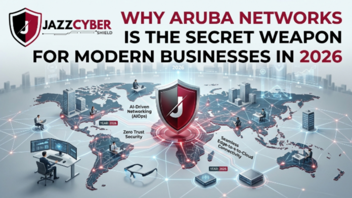 A high-performance server rack showcasing the Aruba Networks Secret Weapon for AI-native enterprise connectivity.