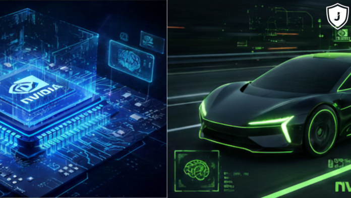 Nvidia CEO presenting at CES 2026 alongside visuals of the Vera Rubin GPU architecture and AI-powered autonomous driving technology.