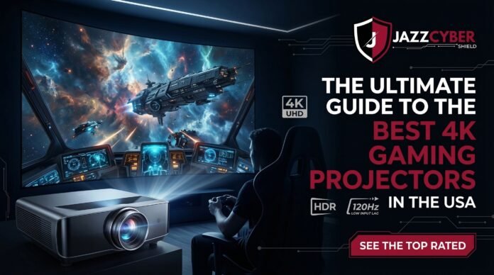 Best 4K gaming projector in the USA with 4K UHD, HDR, and 120Hz low input lag displayed by Jazz Cyber Shield