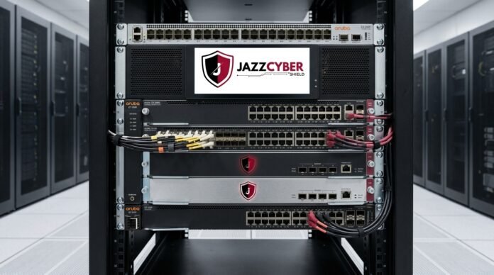 A professional server rack featuring Aruba enterprise network switches integrated with JazzCyber Shield security appliances in a modern data center.