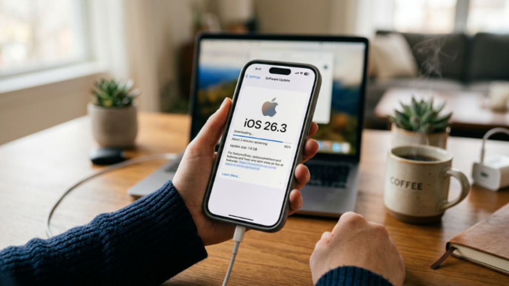 Close-up of iPhone settings screen showing iOS 26.3 critical zero-day flaw patch download and install option