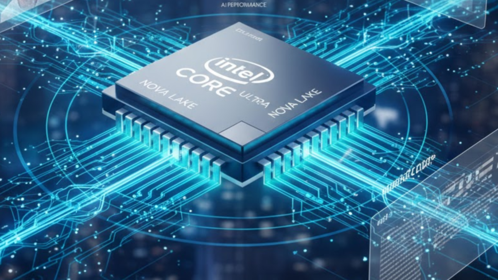 Intel Nova Lake AI CPU architecture highlighting the NPU 6 and 74 TOPS AI performance upgrade.