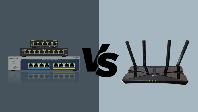 Network switches and router connected in a modern IT network infrastructure showing data flow between LAN and WAN in 2026.