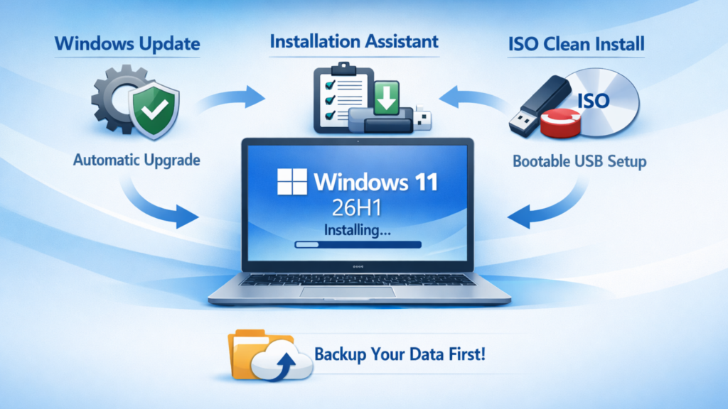Windows 11 26H1 installation steps guide showing step-by-step upgrade process