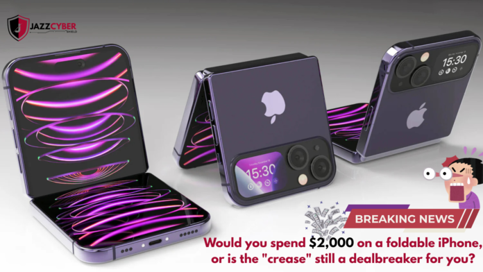 Concept render of the Apple iPhone Fold and iPhone Flip 2026 showing a foldable display with fingerprint Touch ID and a clamshell design.