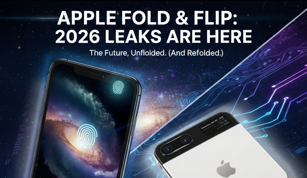 Concept render of the Apple iPhone Fold and iPhone Flip 2026 showing a foldable display with fingerprint Touch ID and a clamshell design.