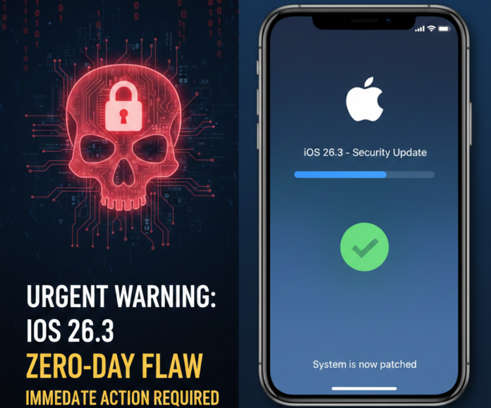A high-tech banner showing an iPhone updating to iOS 26.3 next to a red digital skull icon, representing a cybersecurity warning by Jazz Cyber Shield.