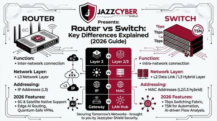 A technical infographic by Jazz Cyber Shield comparing Routers and Switches in 2026, highlighting Layer 3 Edge AI routing versus Tbps Layer 2/3 switching fabrics.