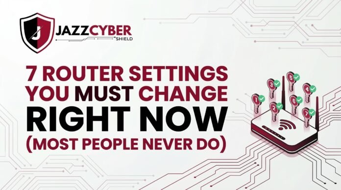 Jazz Cyber Shield blog banner showing 7 router settings you must change right now to improve home network security and Wi-Fi performance.