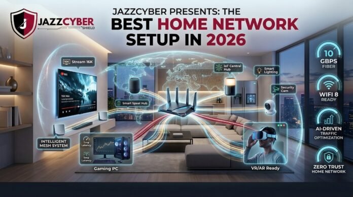 Best Home Network Setup in 2026 showing mesh system, gaming PC, IoT hub, security camera, and Wi-Fi 8 ready router by Jazz Cyber Shield