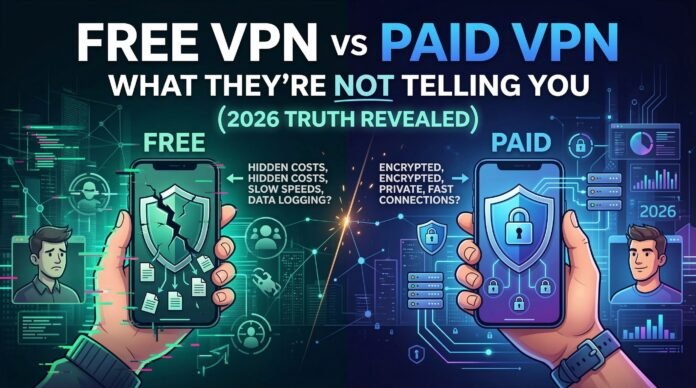 Free VPN vs Paid VPN comparison showing hidden dangers of free VPN and benefits of paid VPN in 2026
