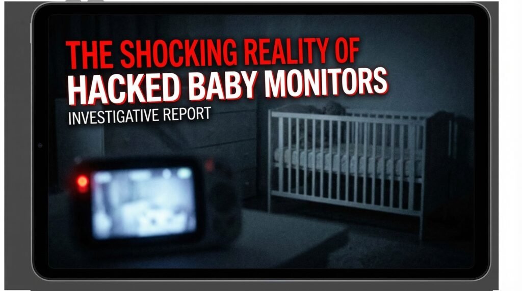 Dark nursery scene showing a hacked baby monitor with red recording light and baby crib – hacked baby monitors security threat