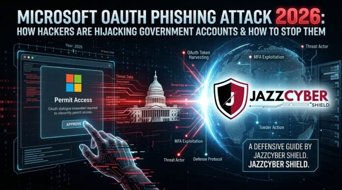 Microsoft OAuth phishing attack 2026 — hacker hijacking government accounts using OAuth token harvesting and MFA exploitation, defensive guide by Jazz Cyber Shield