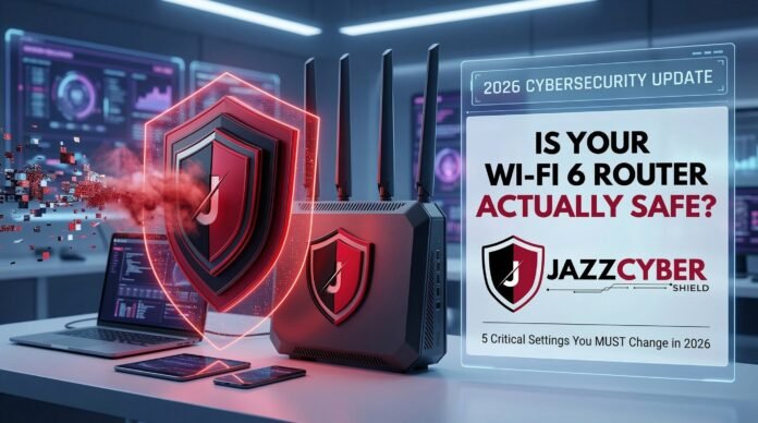 Wi-Fi 6 router security settings showing a high-performance router with cybersecurity shield protection and Jazz Cyber Shield branding in a futuristic tech environment 2026