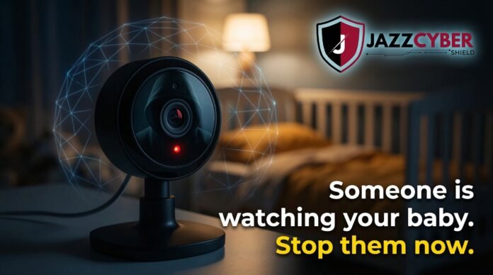 Baby monitor hacking prevention — glowing network threat surrounds a Wi-Fi camera in a dark nursery, secured by Jazz Cyber Shield.