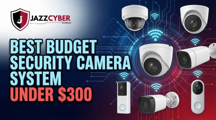 A collection of modern wireless security cameras, doorbells, and dome cameras displayed against a high-tech blue and red circuit background with the Jazz Cyber Shield logo.