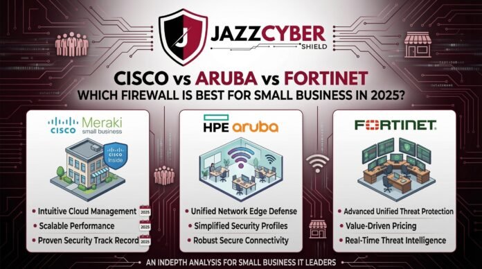 Cisco Meraki vs HPE Aruba vs Fortinet FortiGate firewall comparison infographic for small business in 2025