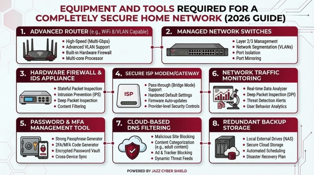 Infographic showing 8 essential equipment and tools for a completely secure home network in 2026 — including firewall, managed switch, router, DNS filtering, and backup storage