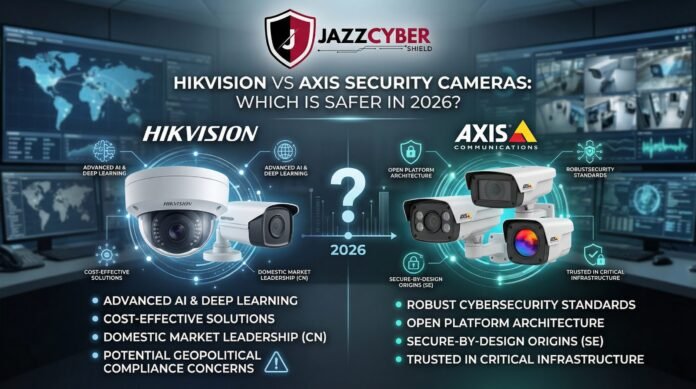 Infographic comparing Hikvision and Axis security cameras in 2026 focusing on AI features, cybersecurity standards, and geopolitical compliance.