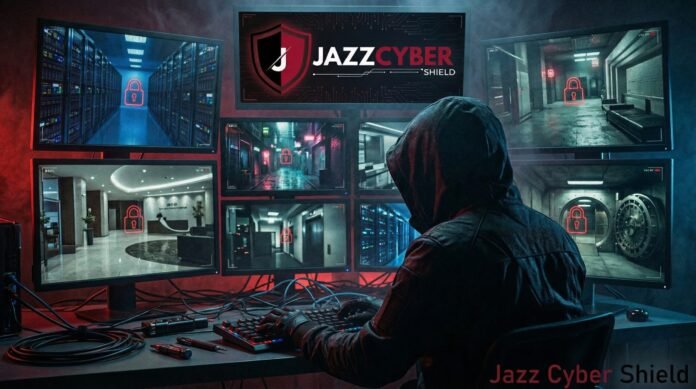 Hooded hacker accessing a live security camera feed on a laptop screen — Jazz Cyber Shield guide on how hackers break into security cameras