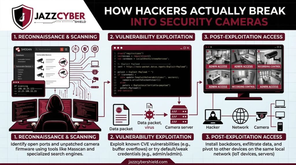 Diagram showing 6 methods hackers use to break into security cameras including default credentials and firmware exploits — Jazz Cyber Shield