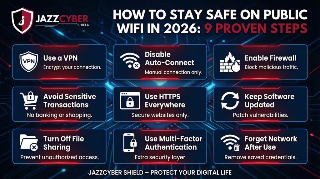 Infographic showing 9 proven steps to stay safe on public WiFi in 2026 including using a VPN, disabling auto-connect, enabling firewall, HTTPS, MFA, and forgetting networks after use — Jazz Cyber Shield