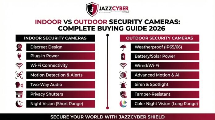 Indoor vs Outdoor Security Cameras comparison infographic 2026 by Jazz Cyber Shield showing features like weatherproofing, night vision, AI motion detection, and power options