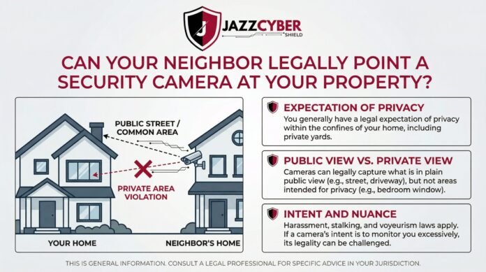 Infographic by Jazz Cyber Shield explaining security camera privacy laws in USA, Canada, and Europe. It illustrates the difference between monitoring public streets versus private area violations like bedroom windows.
