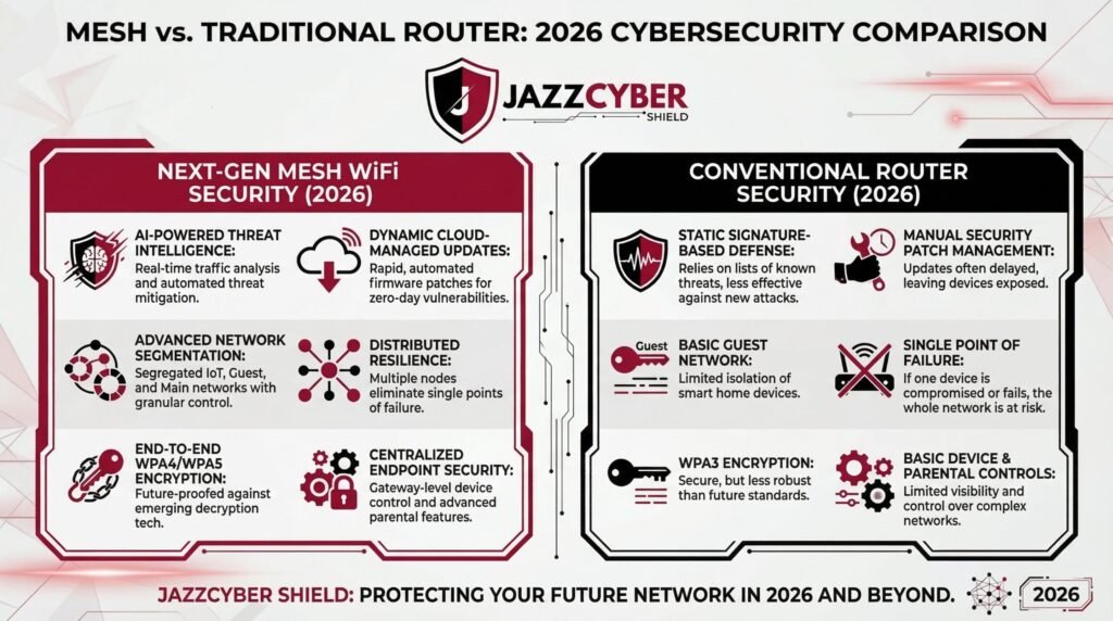 Mesh WiFi vs traditional router cybersecurity comparison 2026 — AI threat intelligence, WPA4 encryption, network segmentation vs static defense, manual patching and single point of failure by Jazz Cyber Shield